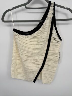 Your Favorite Pacsun Cream Crochet One-Shoulder Tank with Black Trim